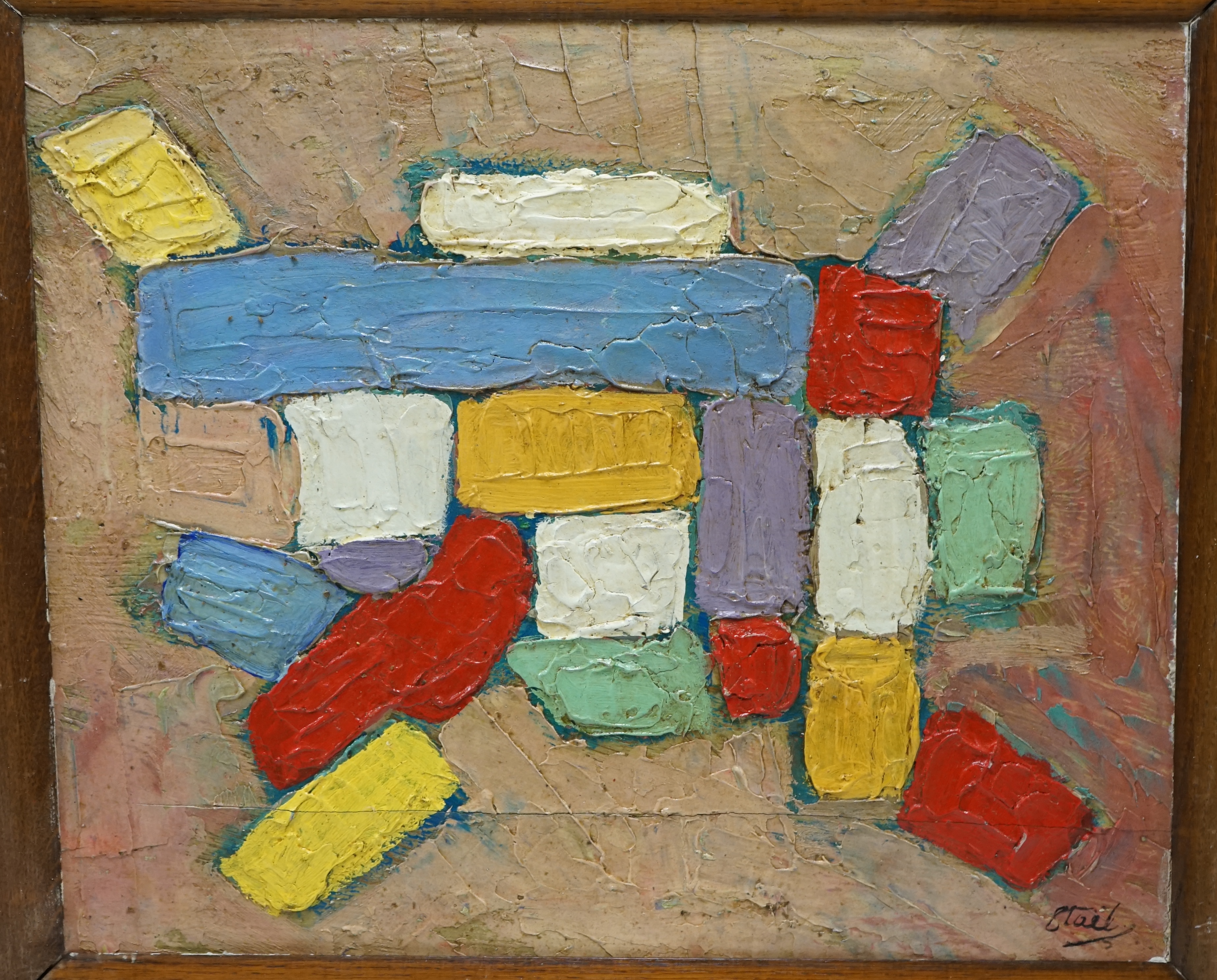 A decorative impasto oil on board, abstract composition, Geometric shapes, 53 x 64cm. Condition - fair